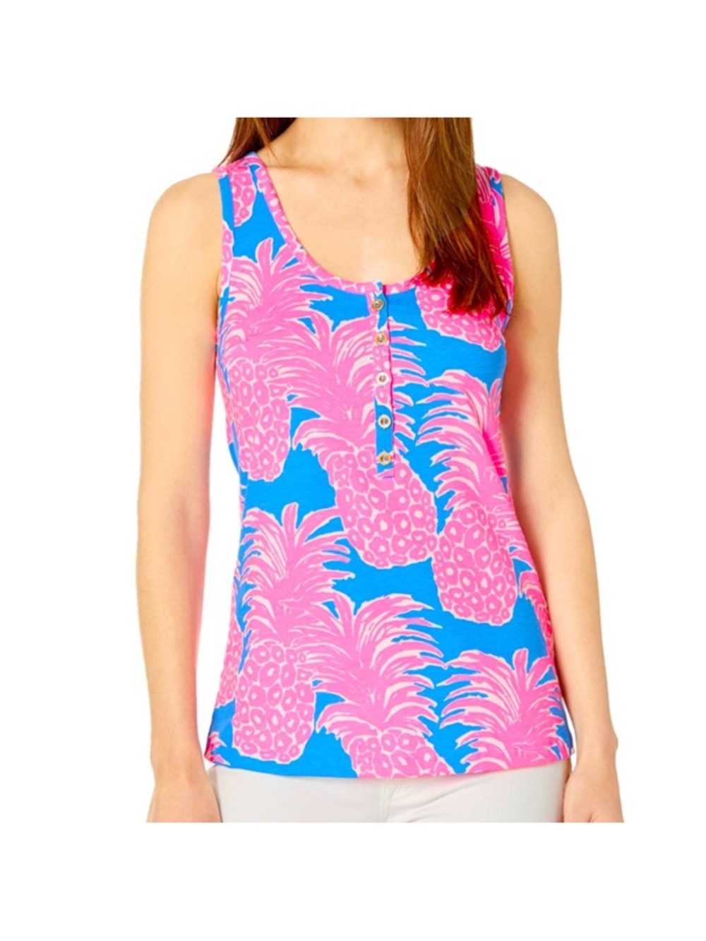 Lilly Pulitzer Merrill Blue Haven Little Flamenco Pink Pineapple Top XS